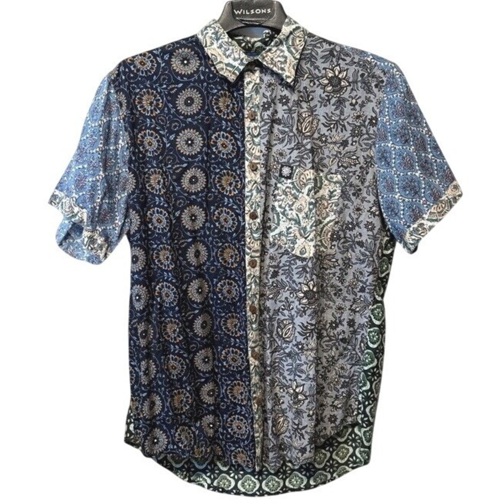 Mexicali Blues Patchwork Shirt Men's Blue Green Floral Block Boho Button Up XL